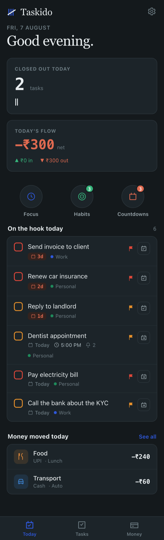 Taskido Today screen: tasks and a daily money summary together
